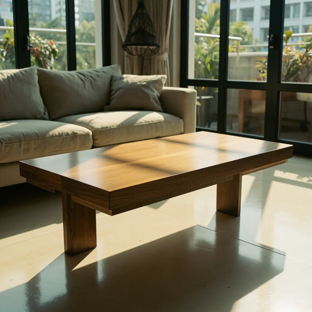 Coffee table my kayu walnut gaya Amerika kontemporari di ruang tamu kondominium Kuala Lumpur dengan pencahayaan semula jadi tropika