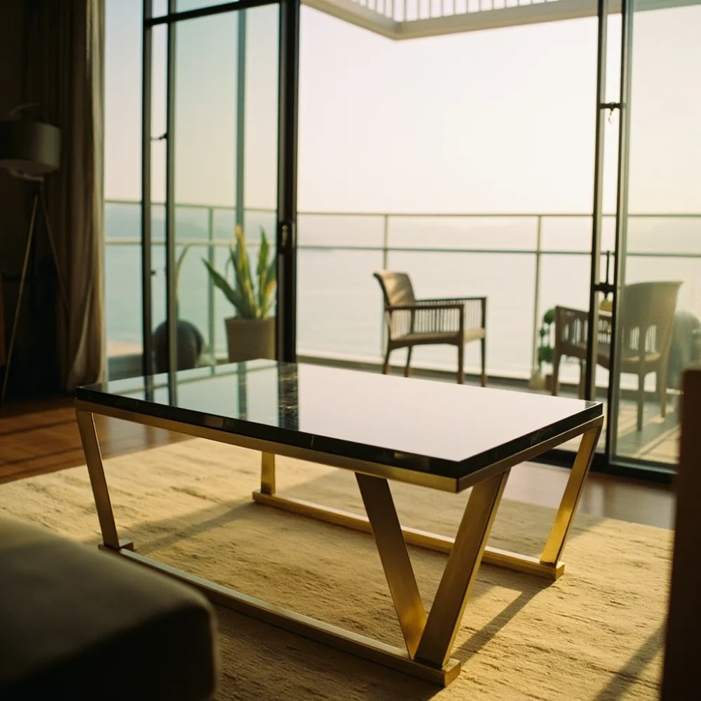 Coffee table my postmoden geometri dengan bingkai emas di kondominium Pulau Pinang