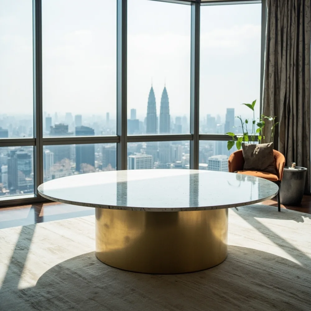 Meja kopi my postmoden kaki emas dan batu kuarza putih di kondominium Kuala Lumpur