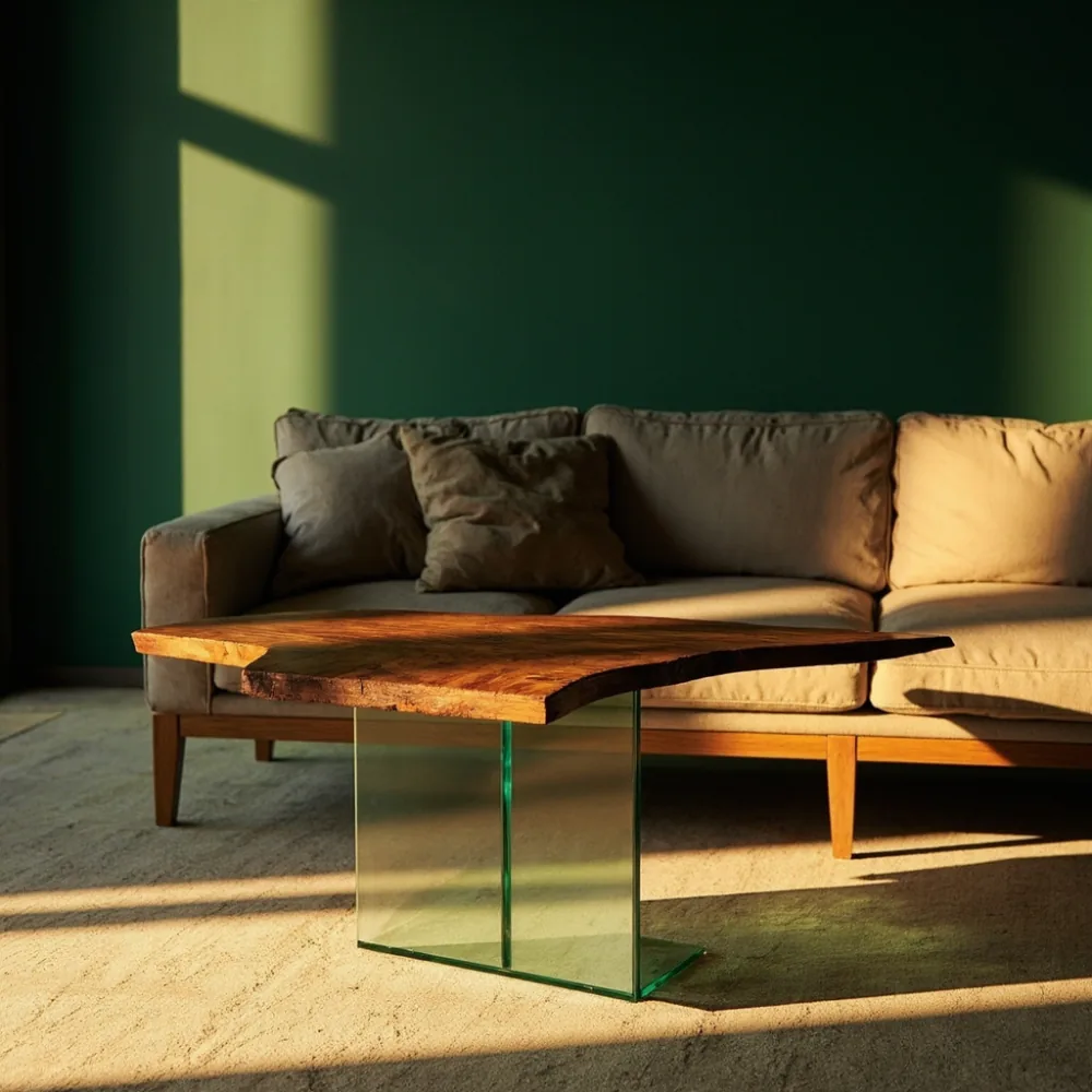 Meja kopi postmoden trapezoid jati dan kaca tempered bersama sofa kayu oak pepejal di kondominium tropika