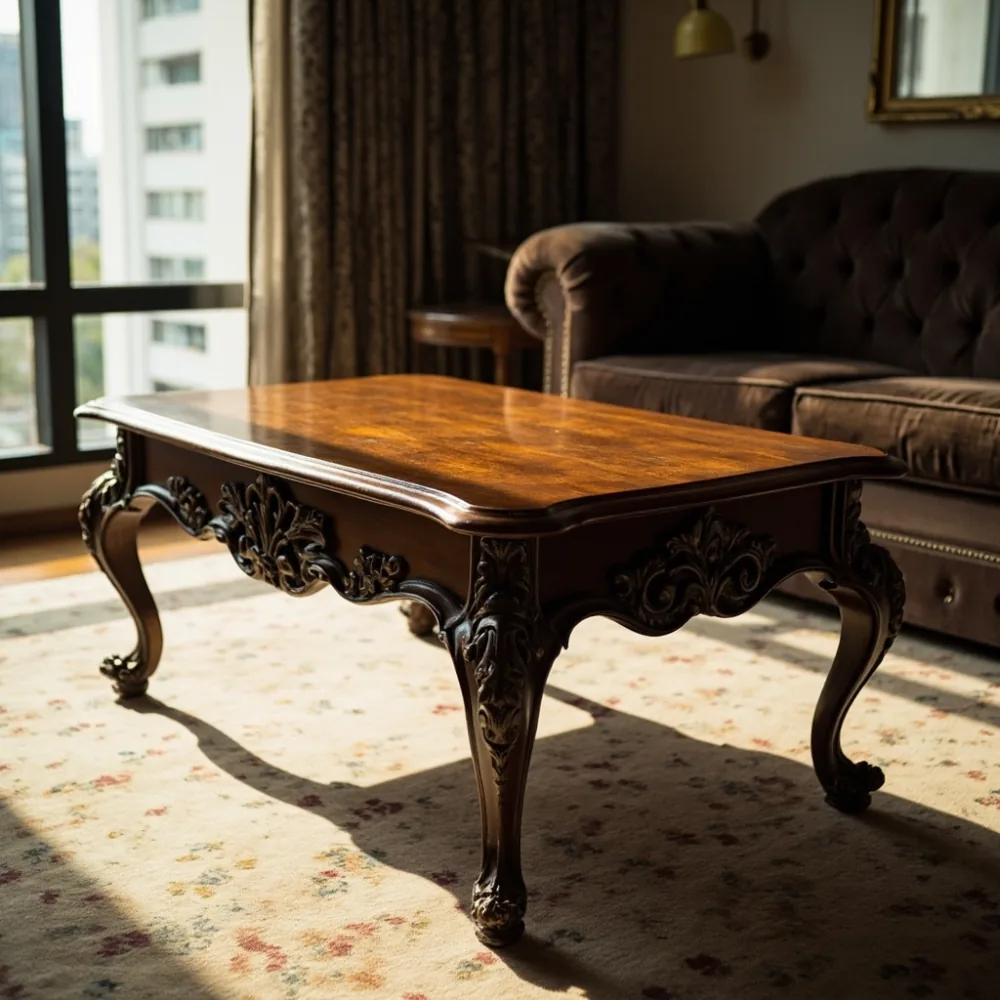 Meja kopi mahogany Louis XV gaya Perancis dengan ukiran tangan di ruang tamu kondominium Pulau Pinang