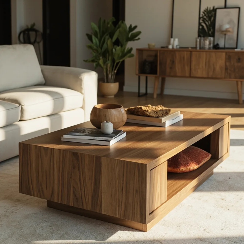 Meja kopi Amerika kayu pepejal walnut madu dengan sofa linen di teres Pulau Pinang