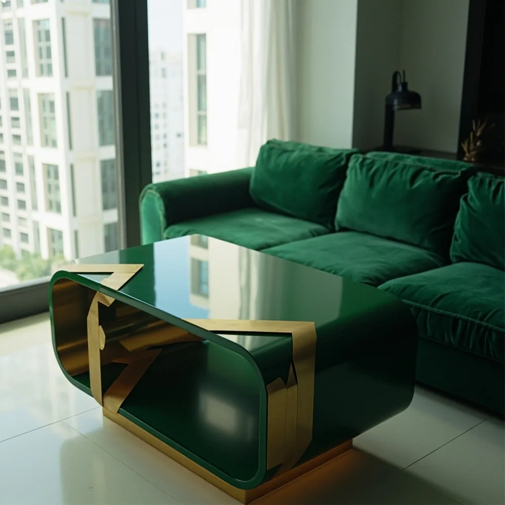 Meja kopi Postmoden lacquer geometri emas di kondominium Johor Bahru