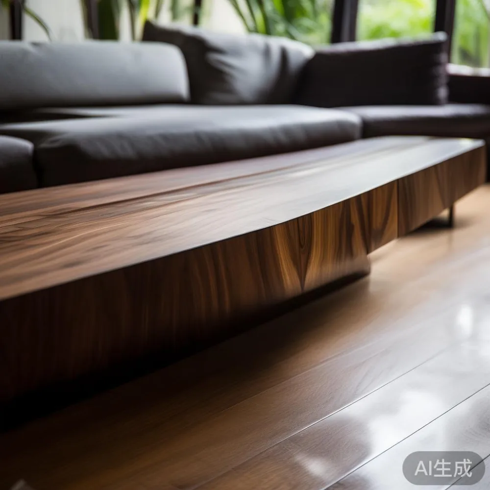 Meja kopi postmoden kayu walnut gelap dengan inai loyang dalam rumah teres Pulau Pinang
