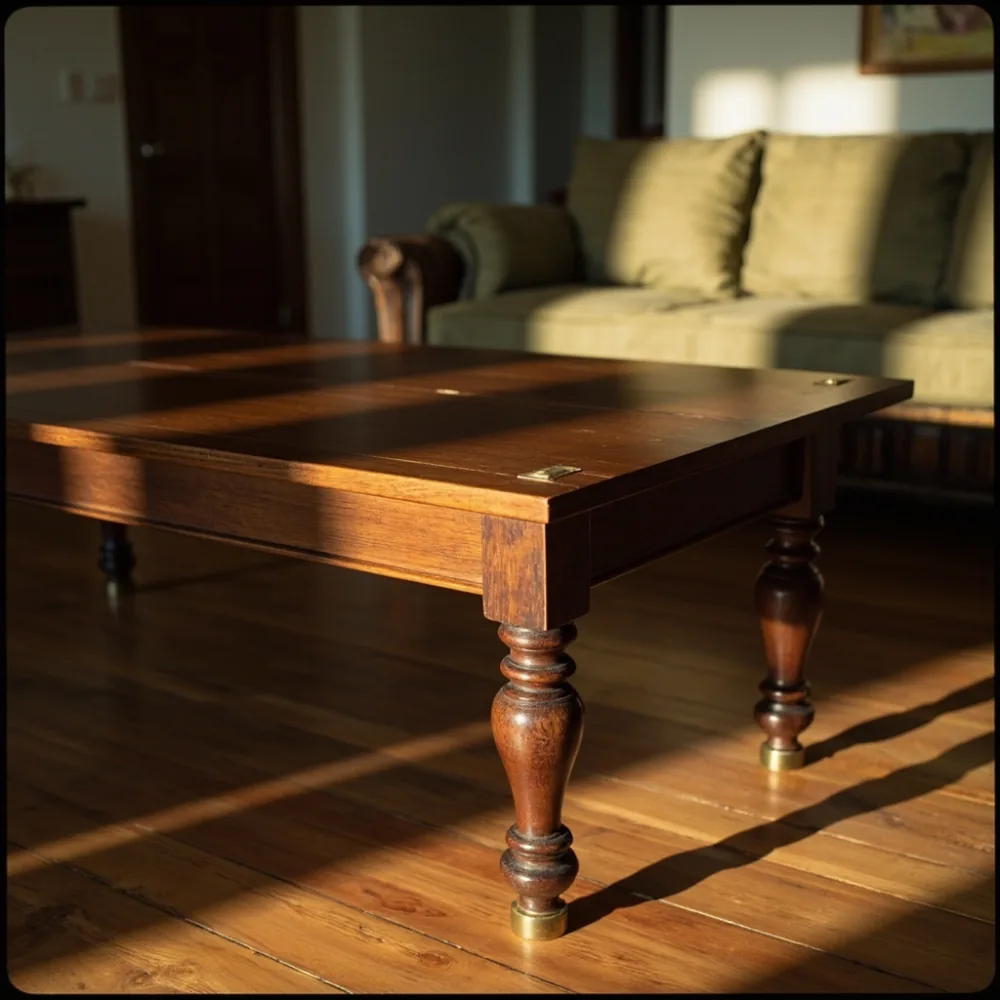 Meja kopi klasik Amerika walnut dengan kaki spindle brass di ruang tamu rumah teres Malaysia