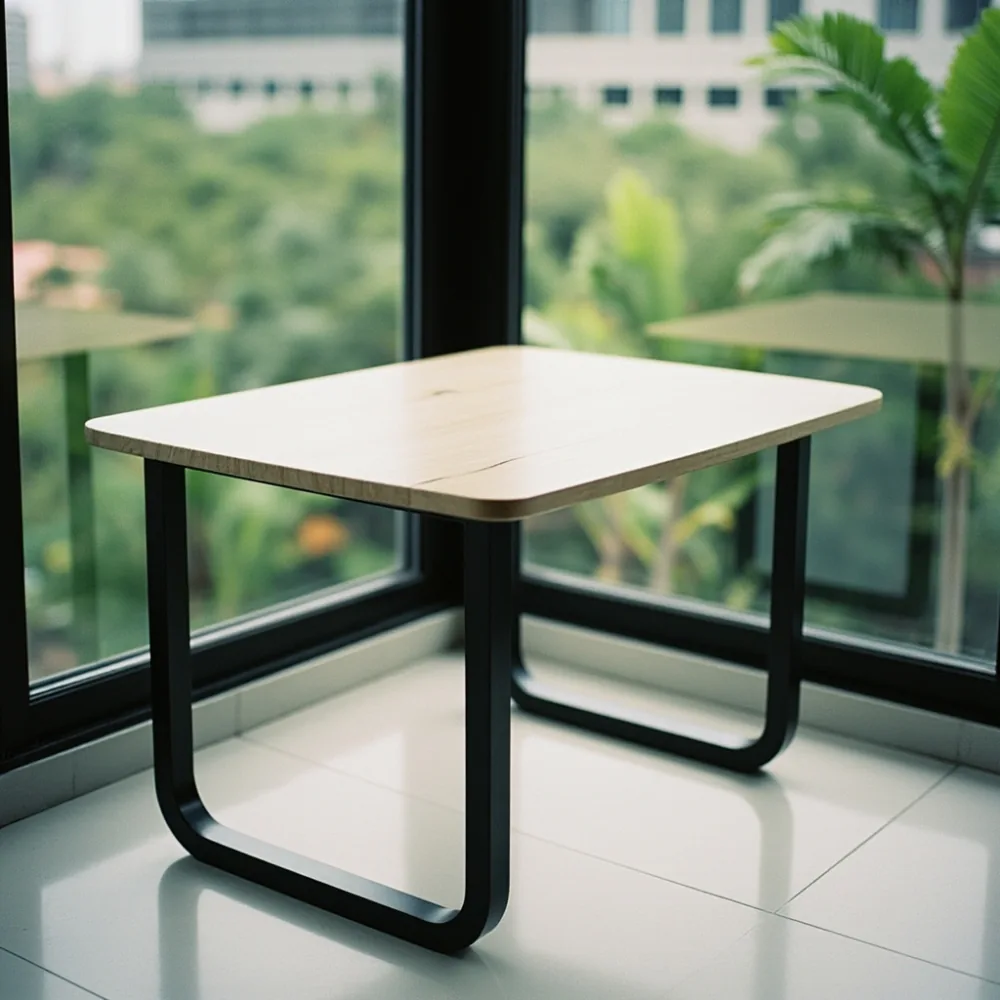 Meja kopi postmoden minimalis kaki stainless hitam matte dan papak oak putih di sudut kondominium Johor Bahru
