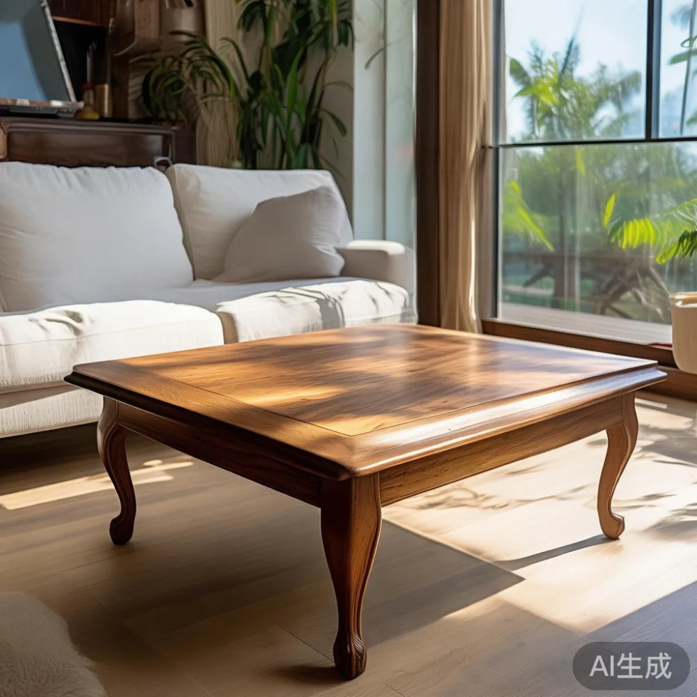 Meja kopi kayu oak pejal gaya Perancis di ruang tamu kondominium Kuala Lumpur yang terang.