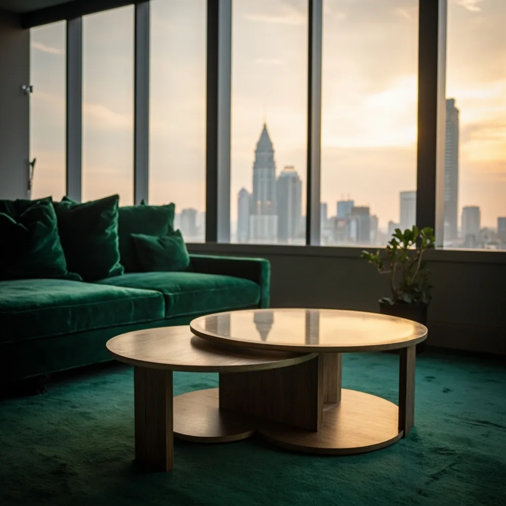 Meja kopi postmoden bulatan 80 cm loyang dan oak di kondominium penthouse Kuala Lumpur