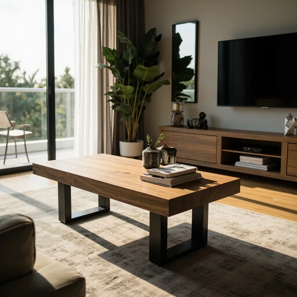 Meja kopi walnut 120 cm x 60 cm dalam ruang tamu kondominium Kuala Lumpur dengan cahaya matahari tropika