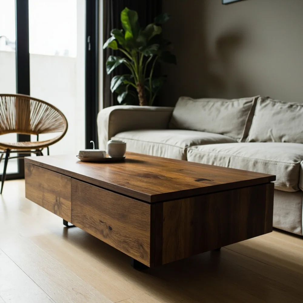 Meja kopi walnut kontemporari bersama sofa upholsteri linen di condominium Pulau Pinang