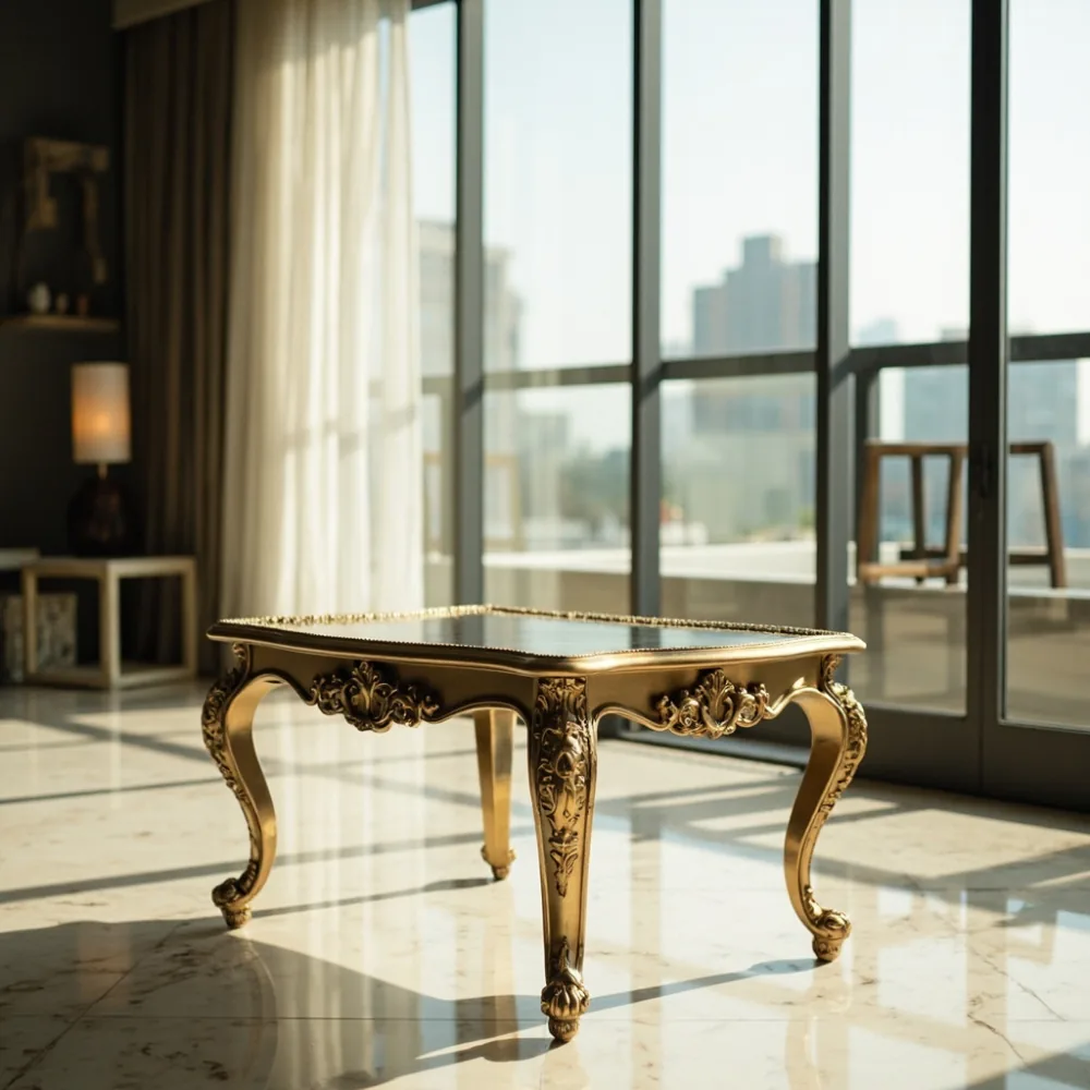 Meja kopi gaya Perancis dengan kaki cabriole dan kemasan champagne gold di kondominium Kuala Lumpur