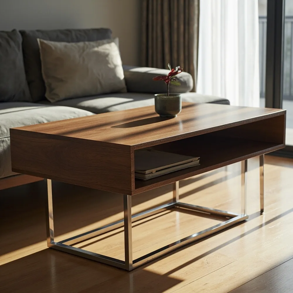 Meja kopi walnut Amerika kontemporari di rumah teres JB dengan sofa modular