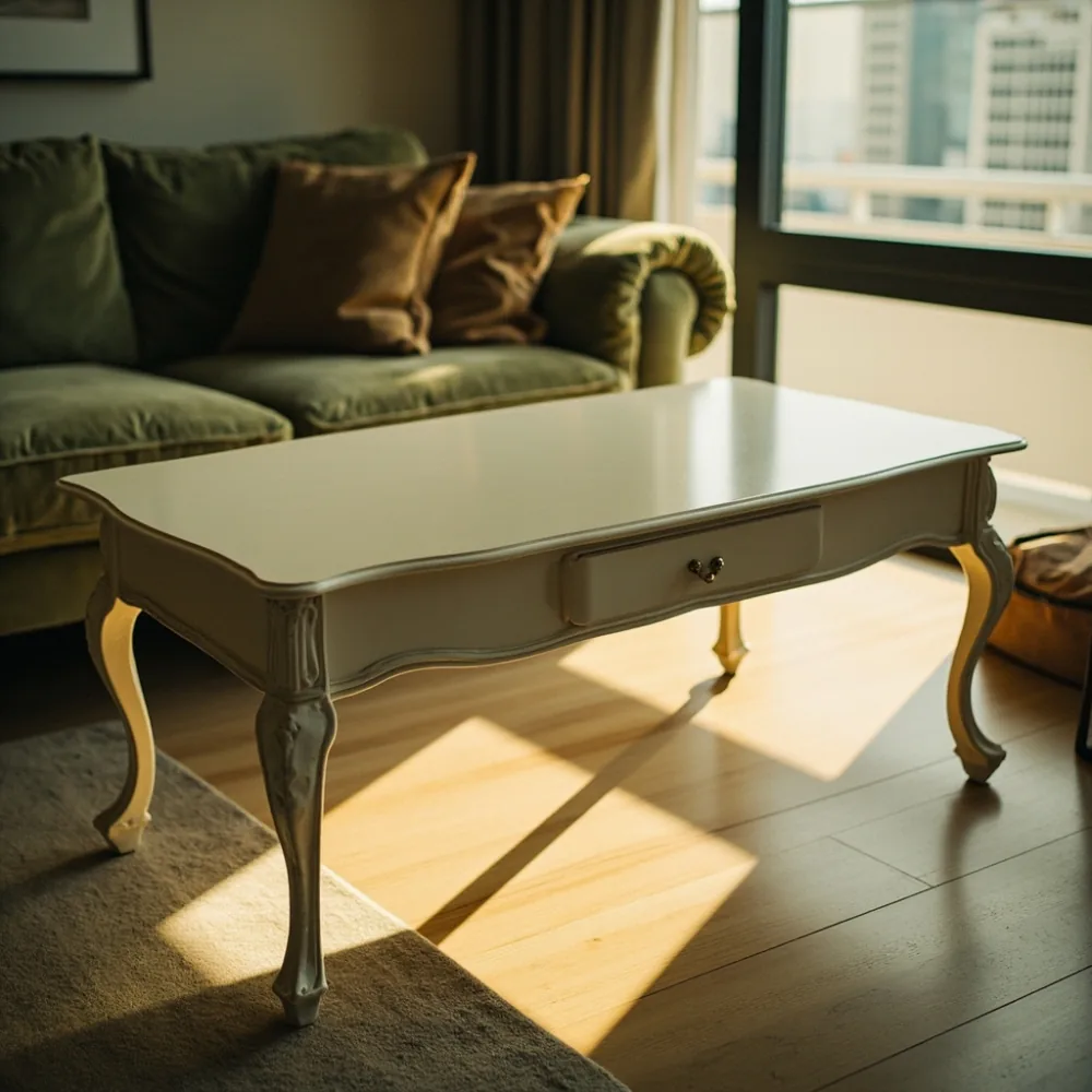 Meja kopi my gaya Perancis ivory matte dalam kondominium Kuala Lumpur dengan sofa baldu hijau