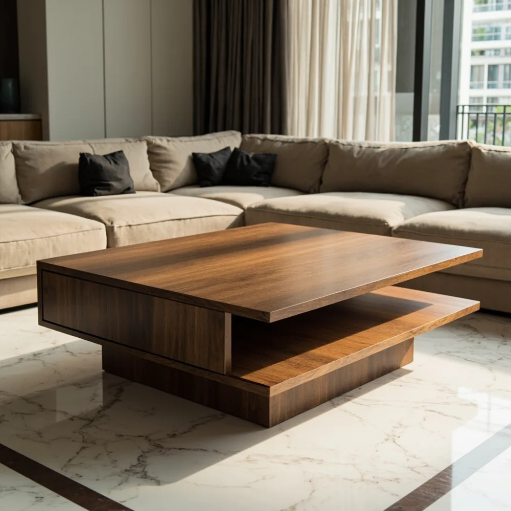Meja kopi my kontemporari Amerika walnut dalam ruang tamu kondominium Kuala Lumpur