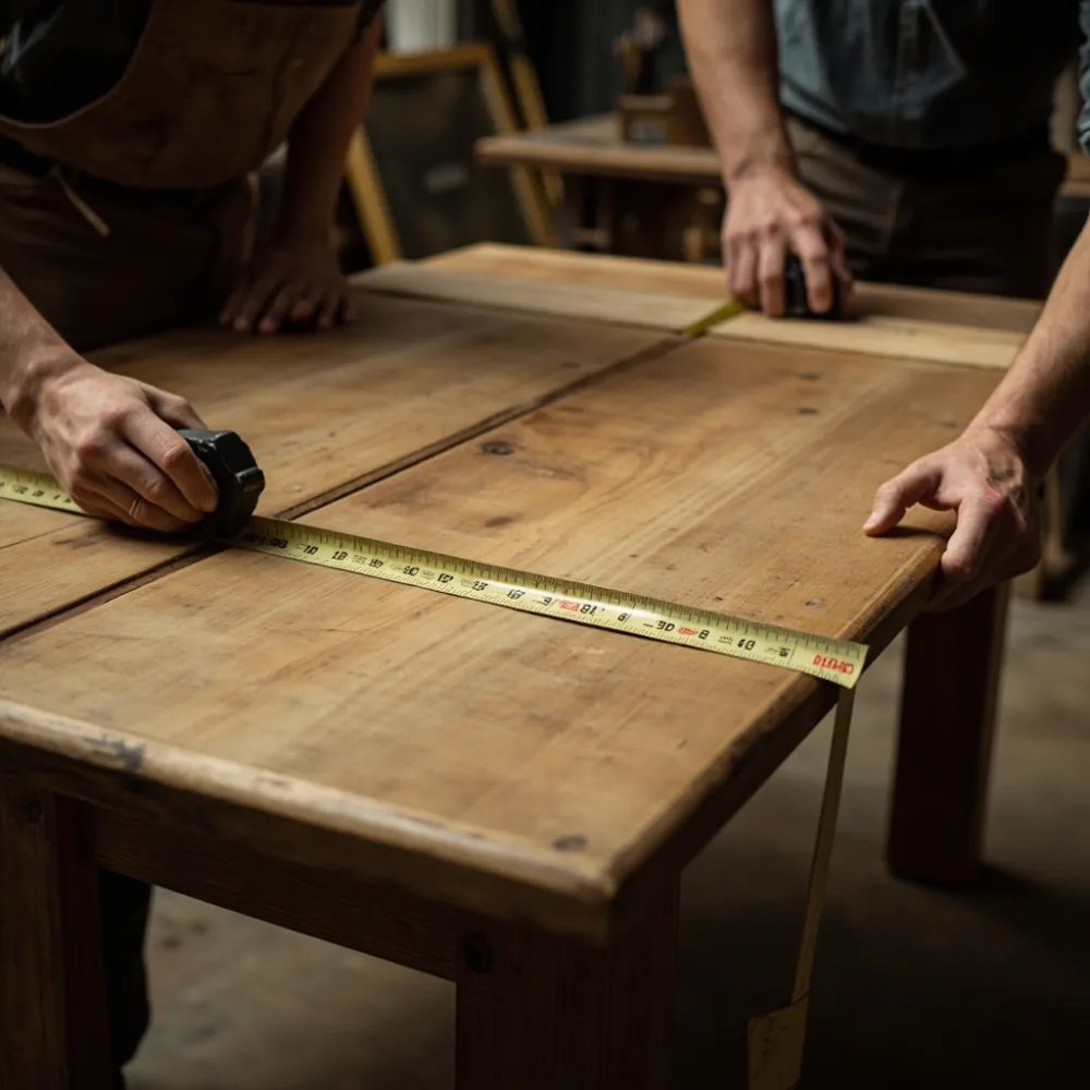 Pengukuran meja kopi kayu oak pepejal 120 cm x 60 cm x 42 cm di bengkel tukang kayu
