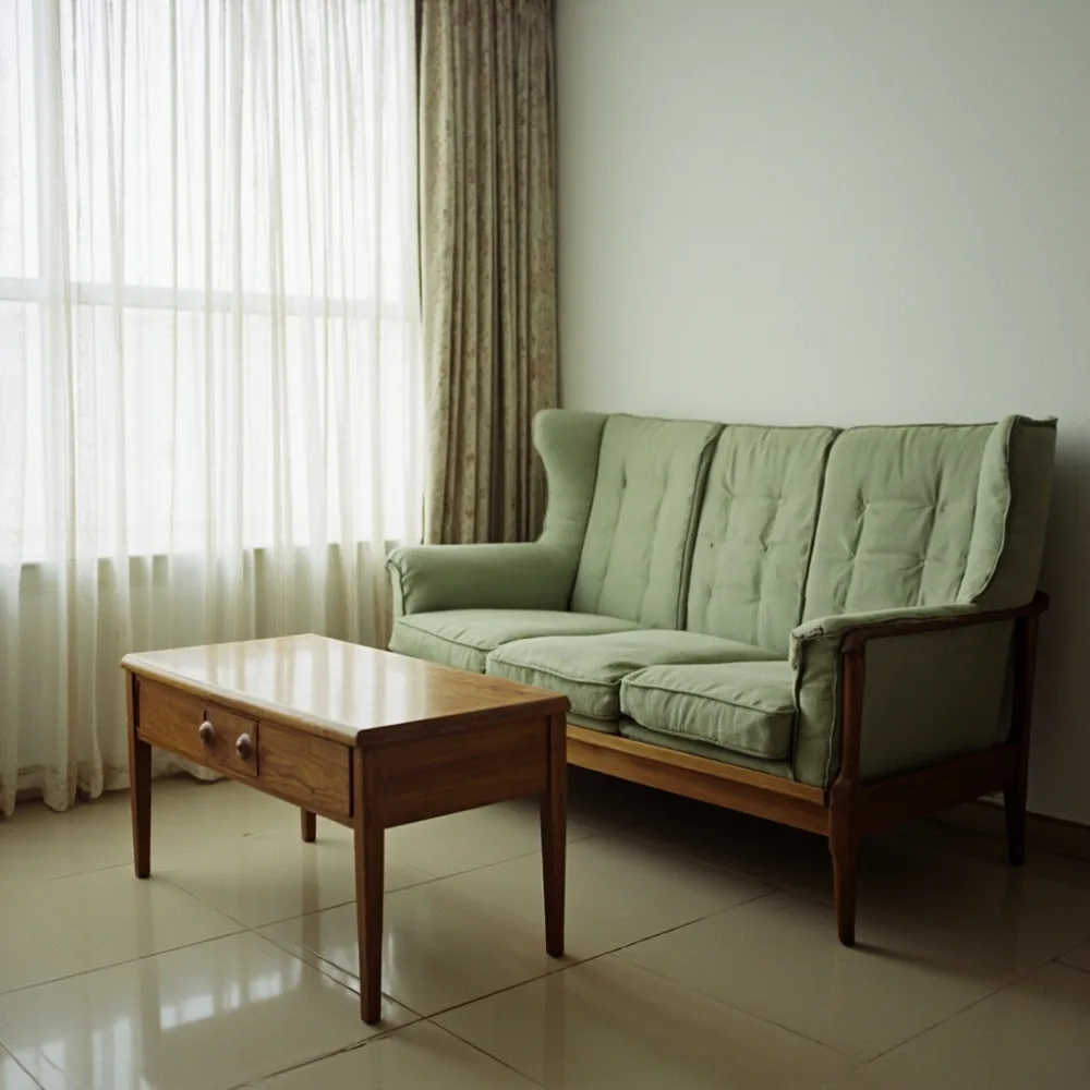 Meja kopi mewah gaya Amerika pasca perang oak sederhana berpasangan sofa linen hijau sage di condominium Pulau Pinang