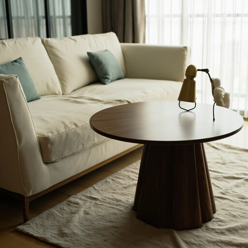 Meja kopi walnut 90 cm bersebelahan sofa tiga dudukan di kondominium Kuala Lumpur dengan lampu tembaga