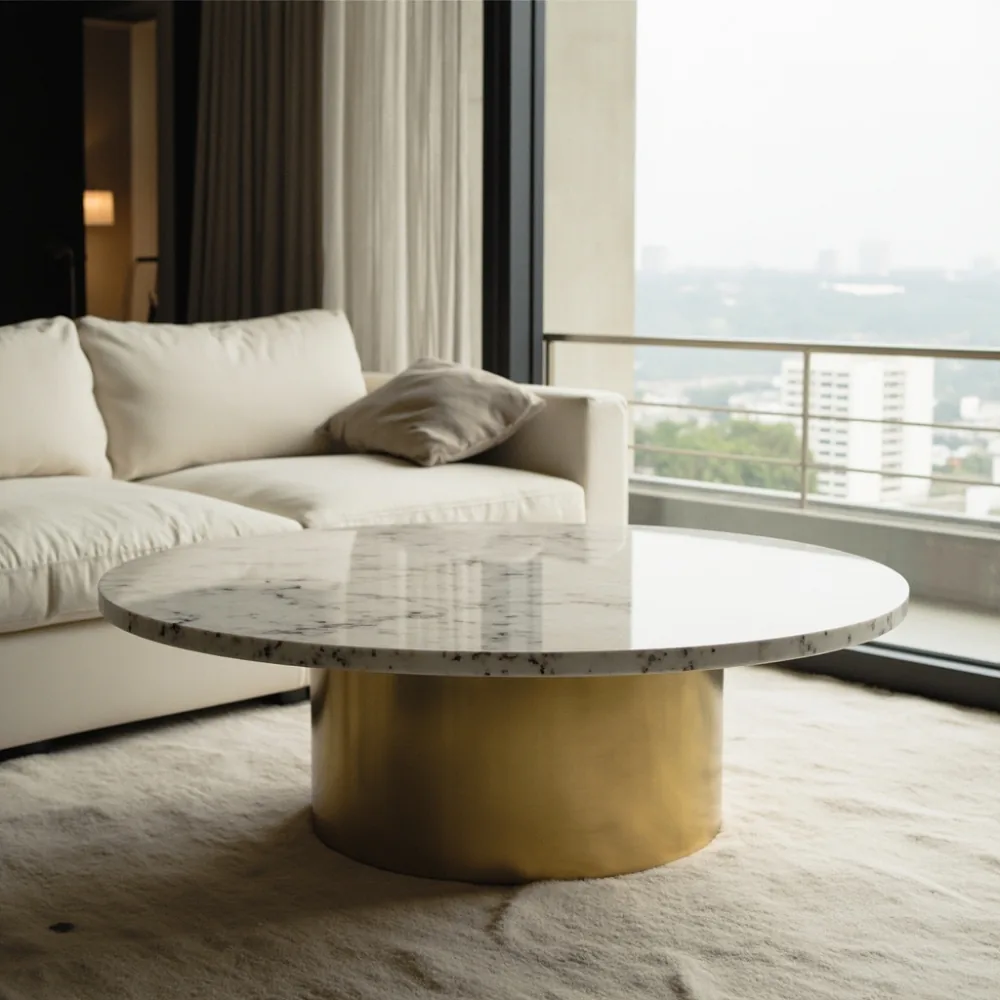 Meja kopi postmodern marmar bulat di kondominium Pulau Pinang dengan sofa modular cream