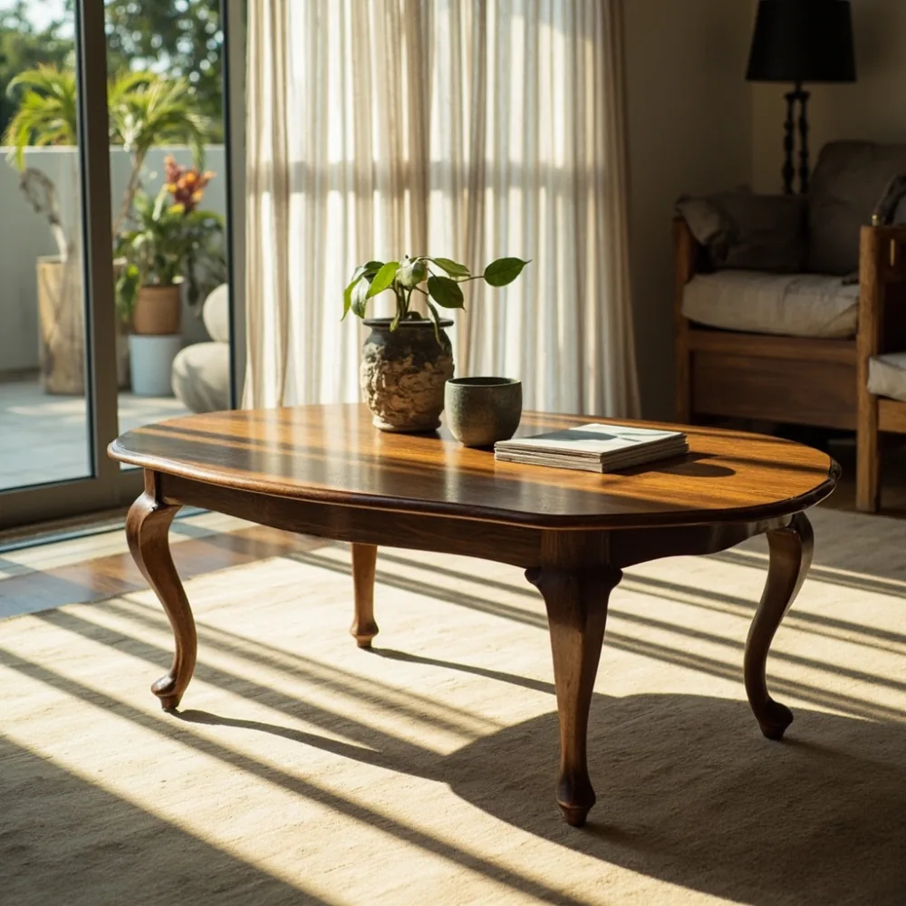 Meja kopi my kayu walnut pepejal 120 cm bujur gaya Perancis Provencal di ruang tamu teres Kuala Lumpur