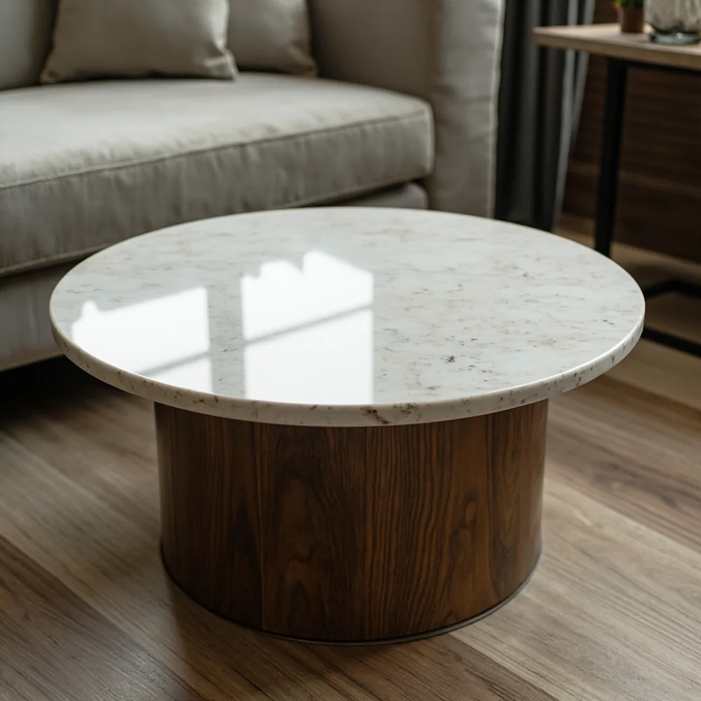Meja kopi my bulat Calacatta bersama sofa walnut di kondominium Kuala Lumpur