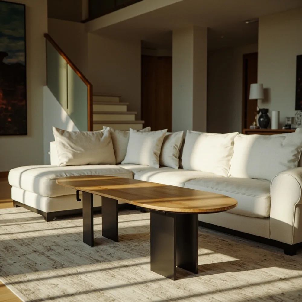 Meja kopi oak bujur 140x90 cm gaya Amerika kontemporer di tangga rumah teres Johor Bahru
