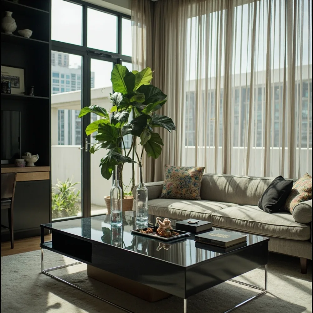 Meja kopi my kaca tempered postmoden bersebelahan sofa boucle kondominium Pulau Pinang