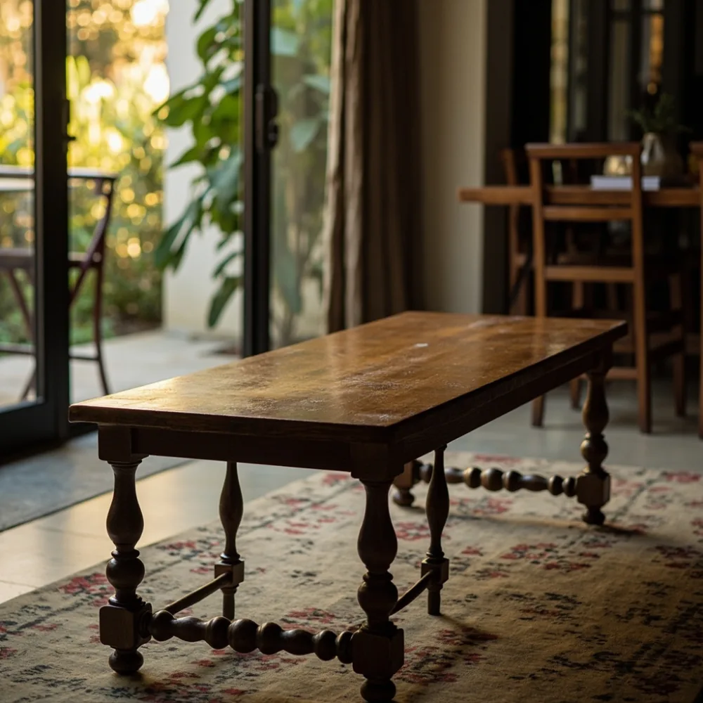 Meja kopi gaya Amerika mewah colonial revival dengan kaki spool turned dan dulang oak di ruang makan teres Johor Bahru