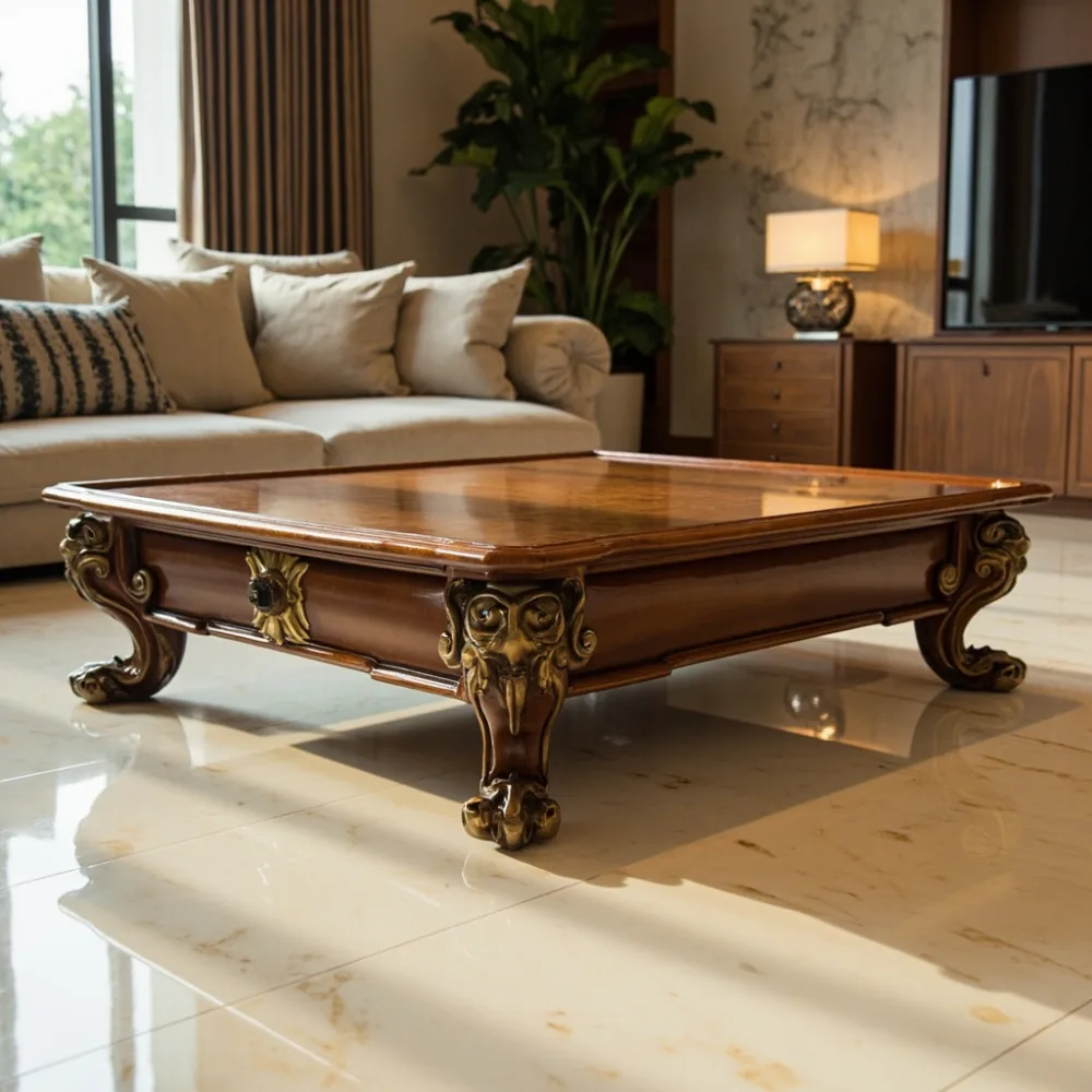 Meja kopi Perancis 110 cm x 70 cm dengan ukiran lion foot di kondominium Kuala Lumpur