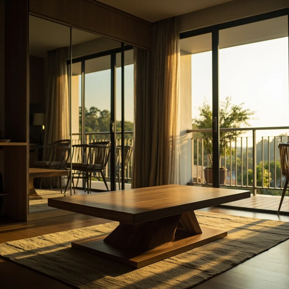 Meja kopi pasca-moden venir walnut 100 cm di apartmen Pulau Pinang berhampiran almari cermin