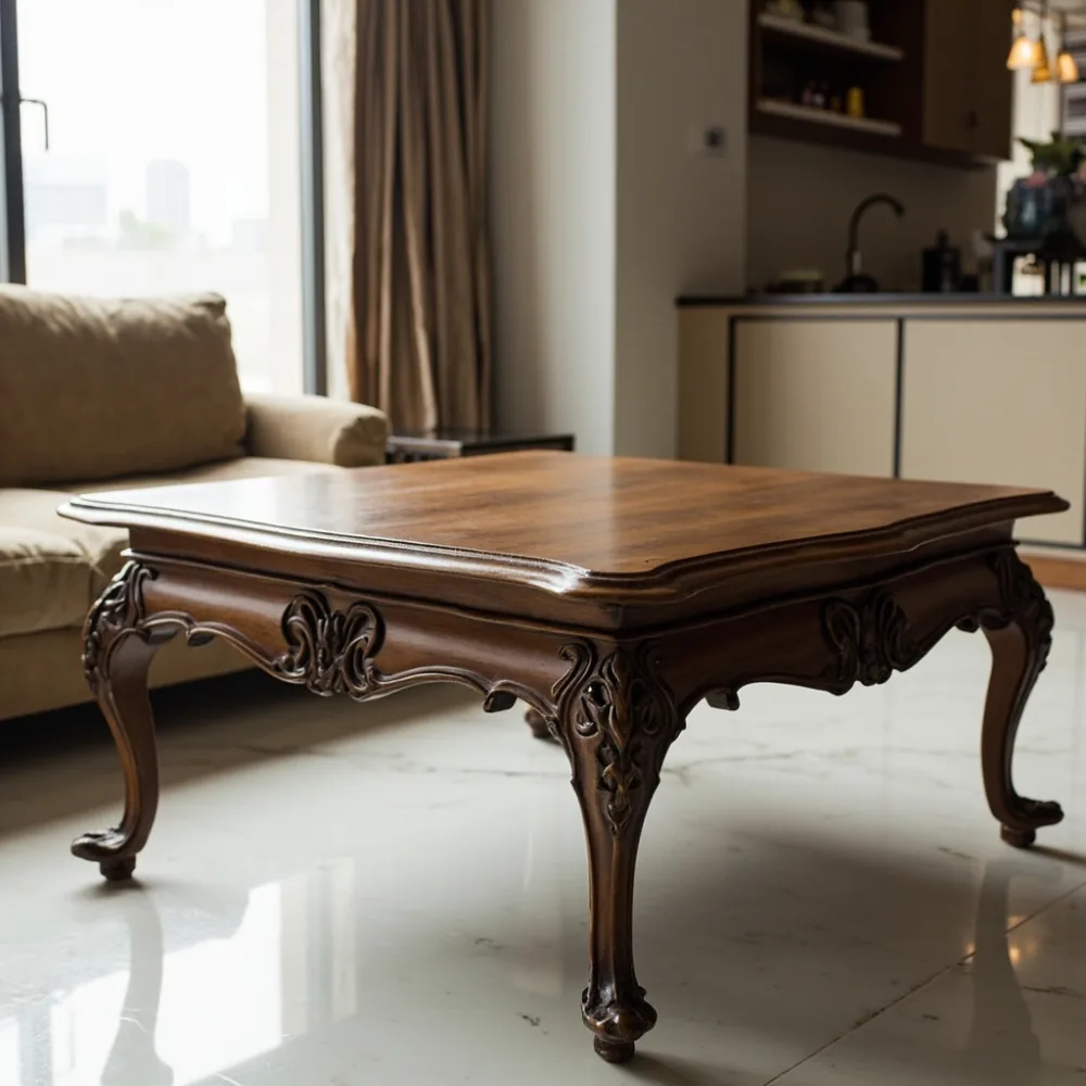 Meja kopi walnut 110 cm dengan kaki ukiran Perancis di kondominium Kuala Lumpur