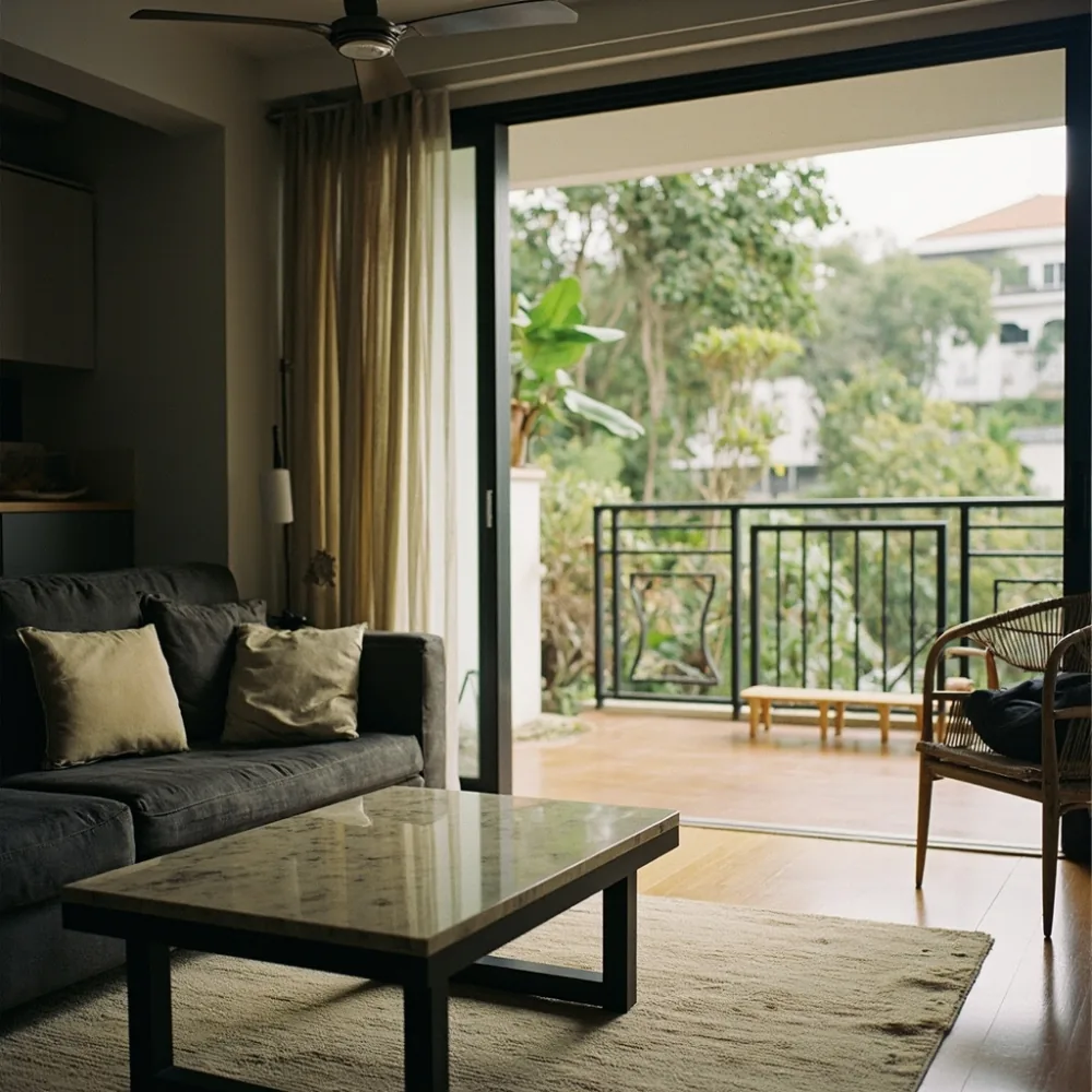 Meja kopi postmoden logam travertine di apartment kolonial Pulau Pinang