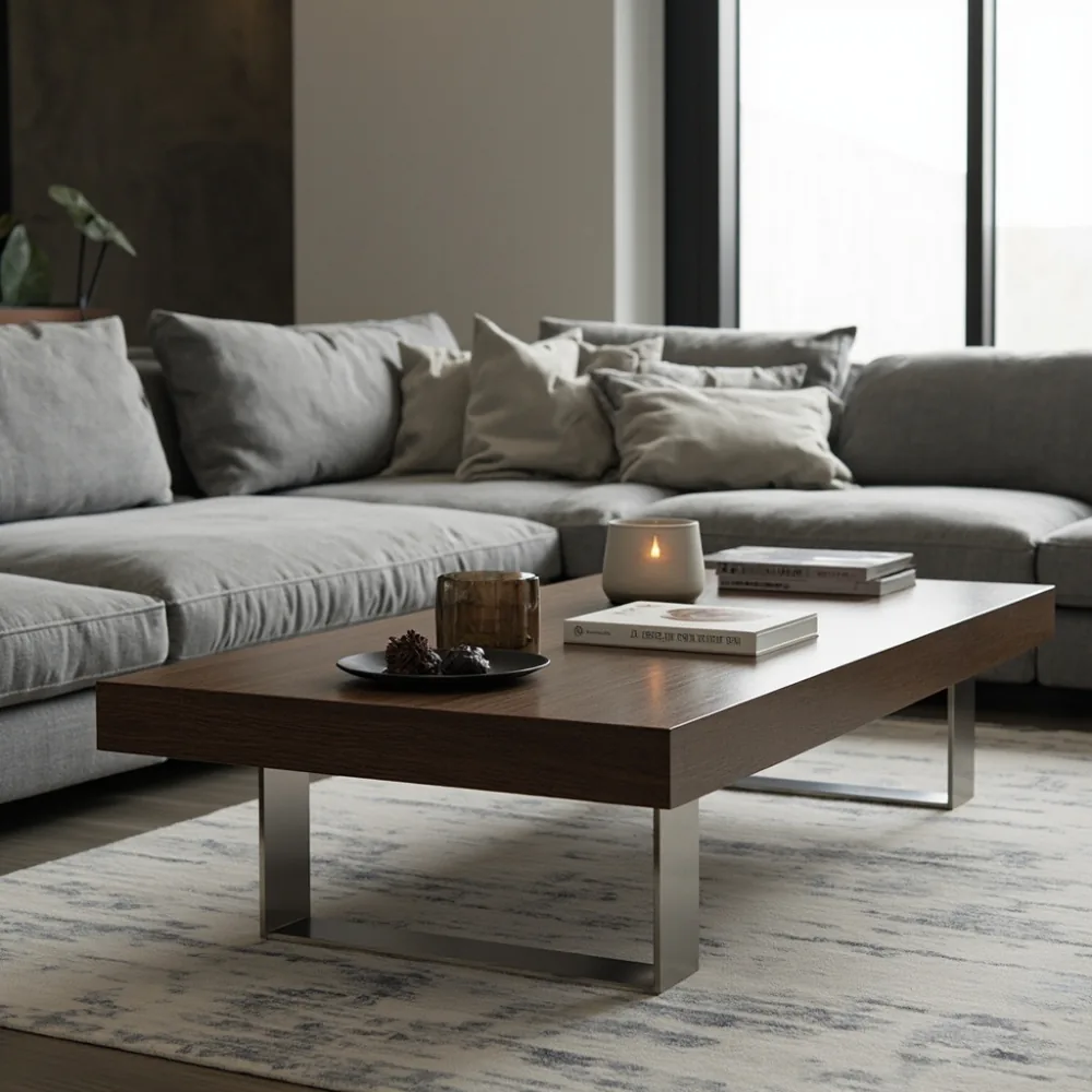 Meja kopi Amerika mewah plinth oak gelap dengan sofa L-shape di ruang dalam JB