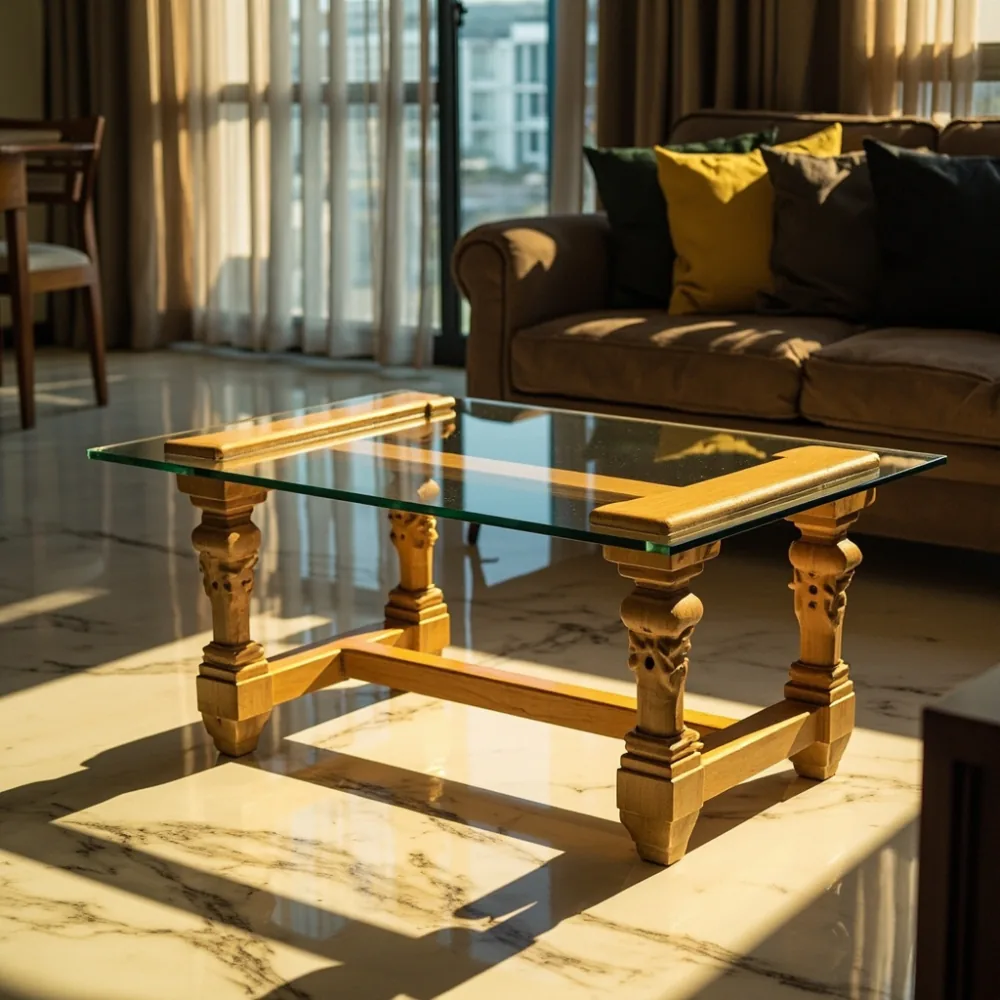 Meja kopi my kaca tempered 120 cm dengan kaki carved oak di kondominium Kuala Lumpur
