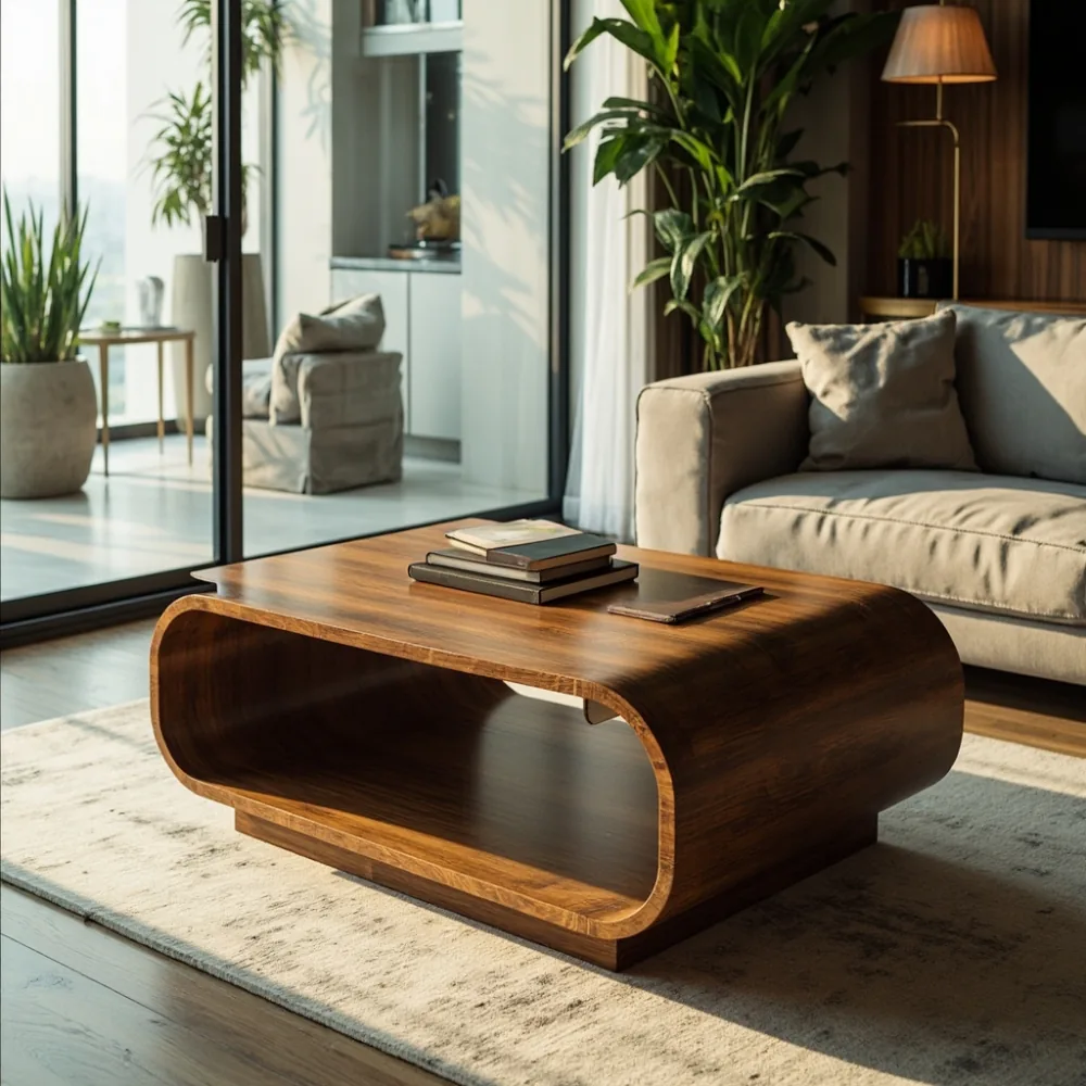 Gaya Perancis dengan meja kayu walnut, kaki berukir, sofa neutral dan pencahayaanussi