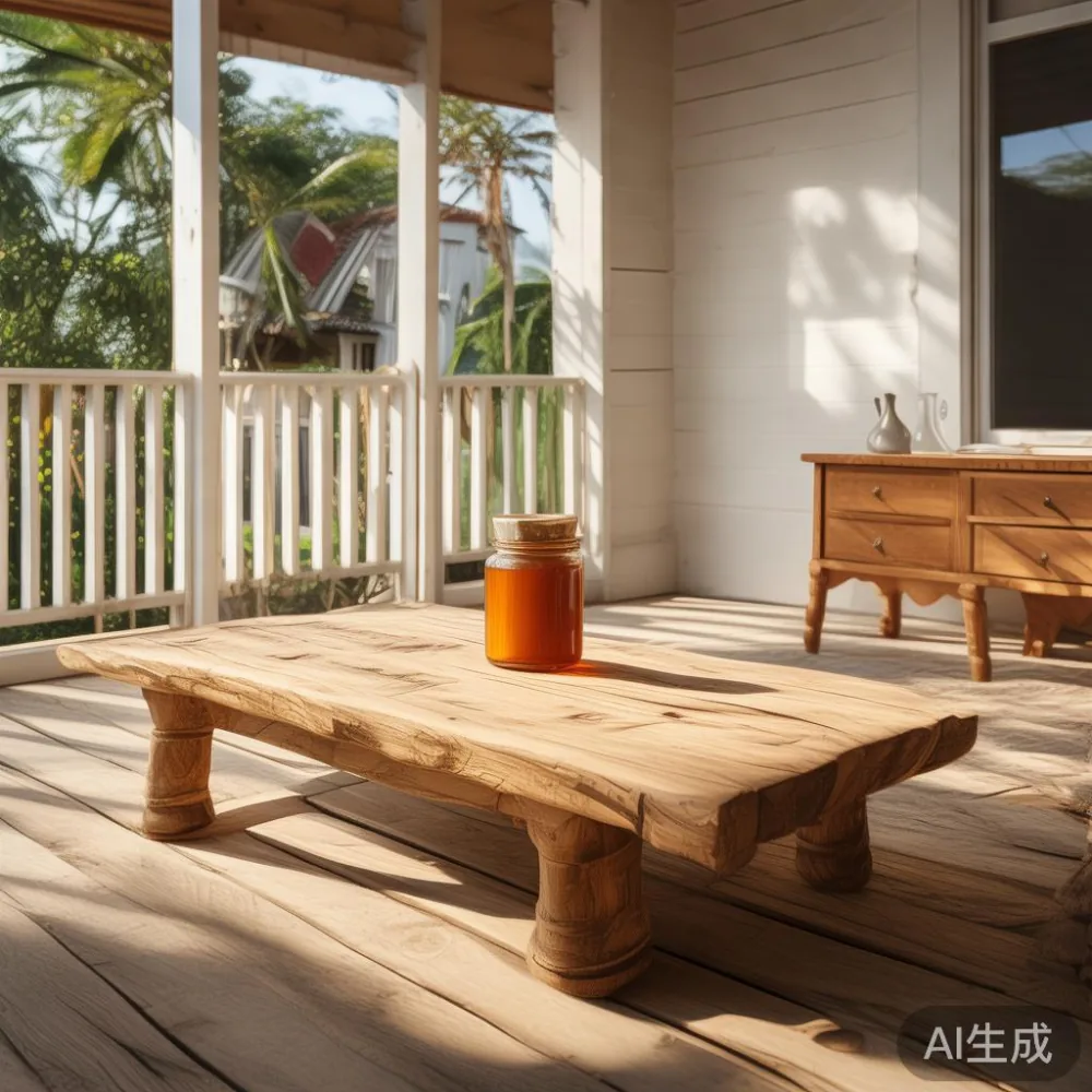 Meja kopi gaya Amerika dengan kayu oak tebal di teres dua tingkat Pulau Pinang