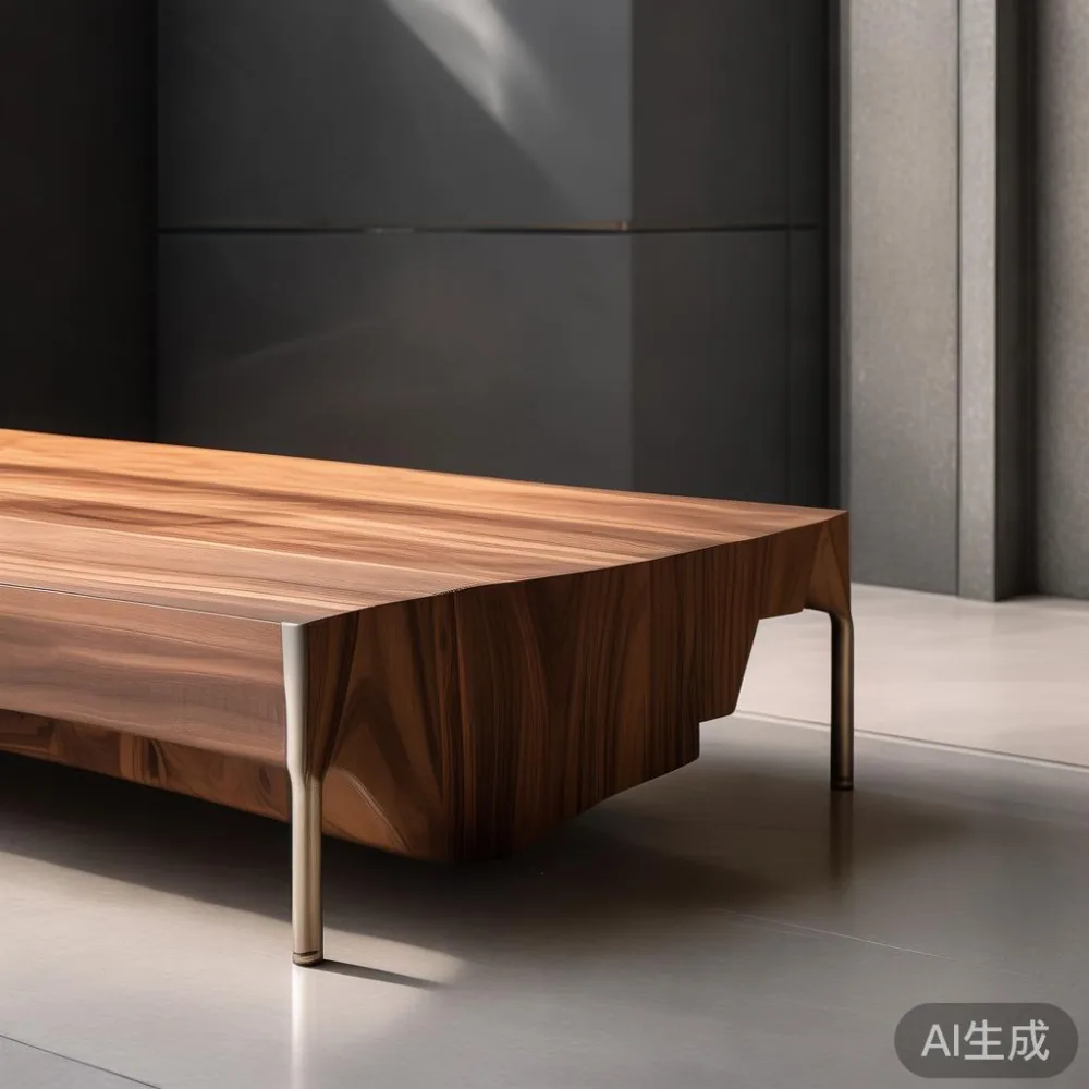 Meja kopi pascamoden kayu walnut di lobi lif apartmen Johor Bahru
