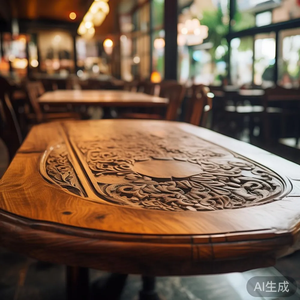 Meja kopi kayu pepejal mewah di kedai makan kelasik di Penang