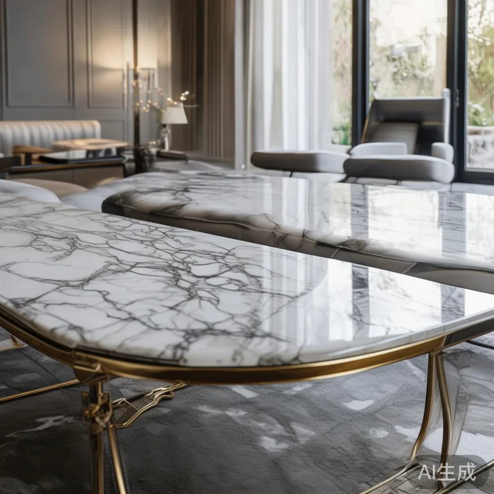 Gambar meja kopi gaya Perancis mewah dengan atas batu marble di ruang tamu modern