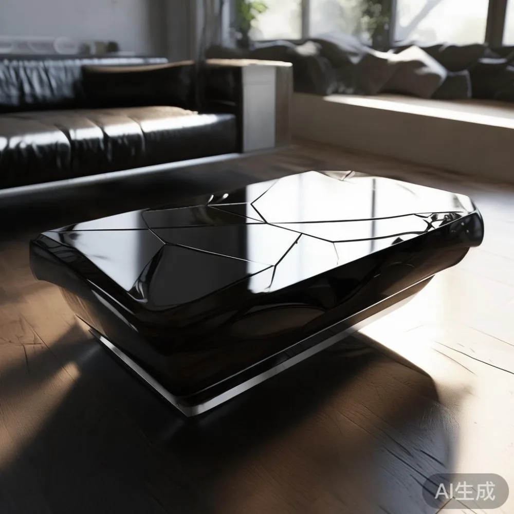 Gambar meja kopi gaya postmodern mewah dengan desain unik di ruang tamu kontemporer