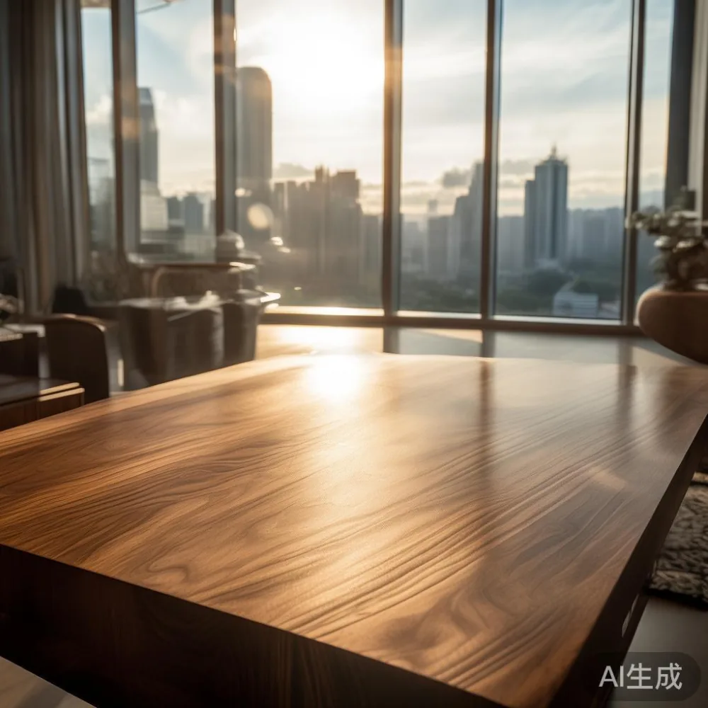 Meja kopi kayu walnut mewah di ruang tamu kondominium Kuala Lumpur dengan cahaya matahari petang
