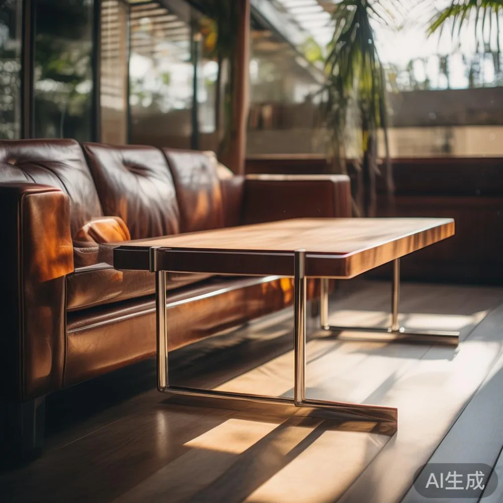 Meja kopi gaya Amerika dengan permukaan oak mengkilap dan kaki logam, bersebelahan sofa kulit di teras JB