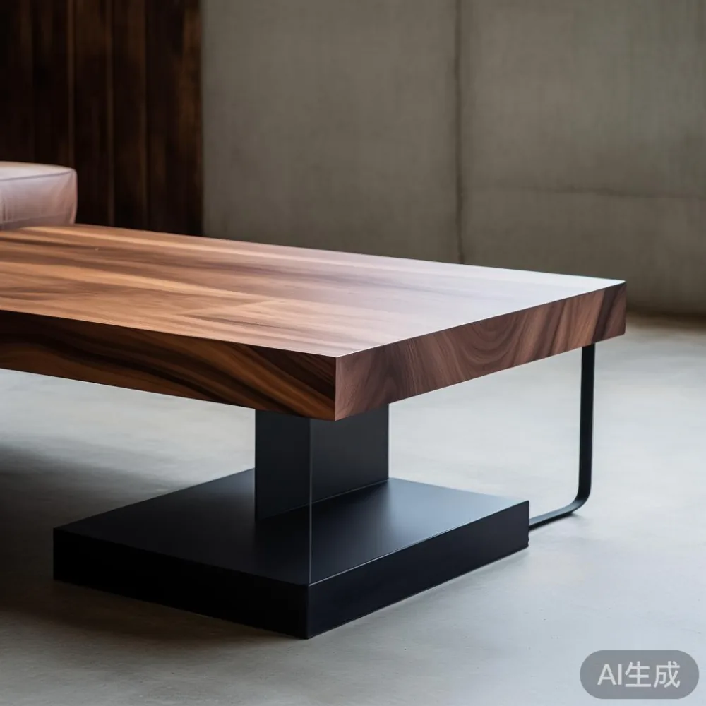 Meja kopi postmodern gabungan kayu walnut dan keluli hitam, diletakkan di lantai konkrit loft Pulau Pinang