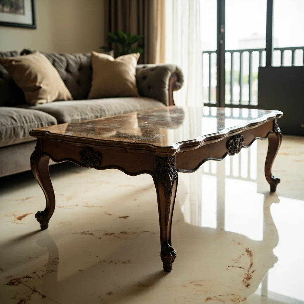 Meja kopi mewah gaya Perancis klasik kayu mahogany pepejal dengan ukiran tangan di kondominium Kuala Lumpur, pencahayaan semula jadi waktu pagi, lantai marmar cream, tiada teks, tiada wajah manusia