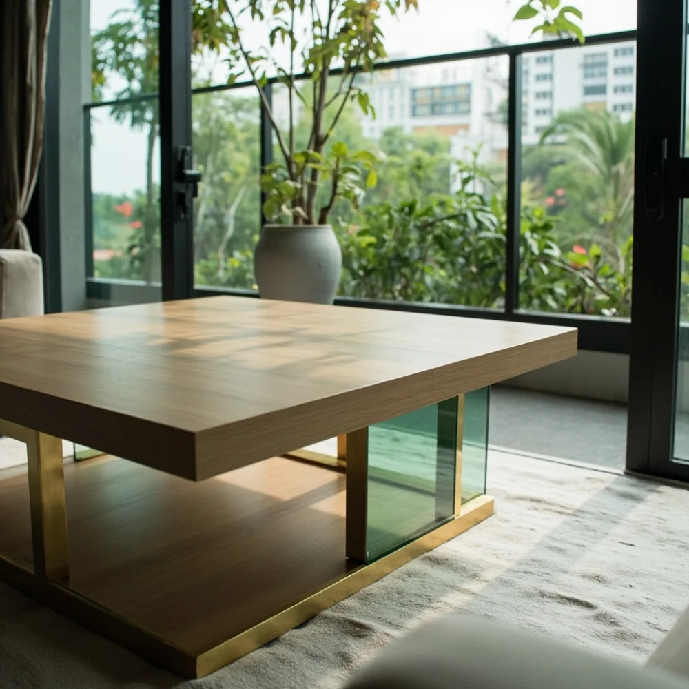 Meja kopi mewah postmoden kayu oak dengan kaki kuningan di kondominium Pulau Pinang