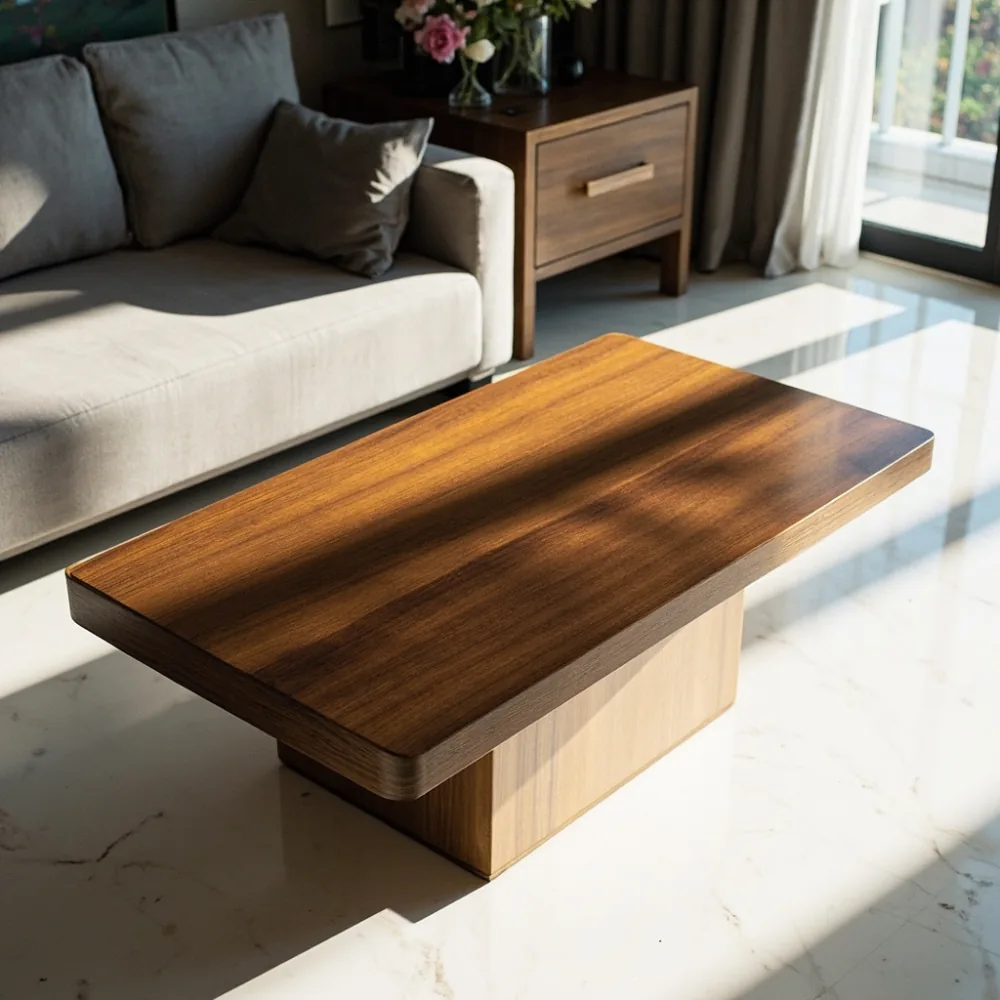 Meja kopi mewah walnut gaya Perancis kontemporari dalam ruang tamu kondominium KL dengan lantai marble dan cahaya pagi
