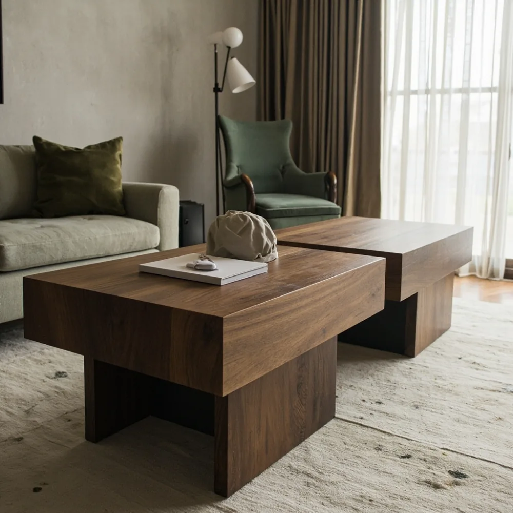 Meja kopi pasca moden walnut charcoal geometri di ruang tamu teres Johor Bahru dengan dinding plaster bertekstur