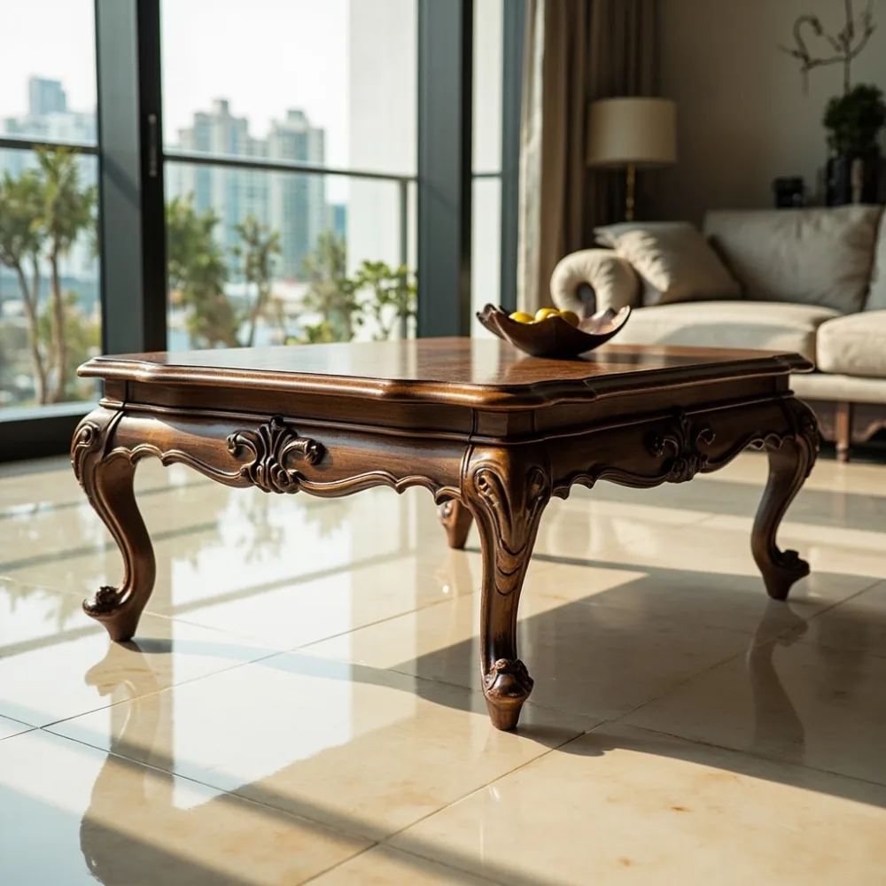Coffee table kayu walnut gaya Perancis di ruang tamu kondominium Kuala Lumpur dengan lantai marmar dan cahaya tingkap