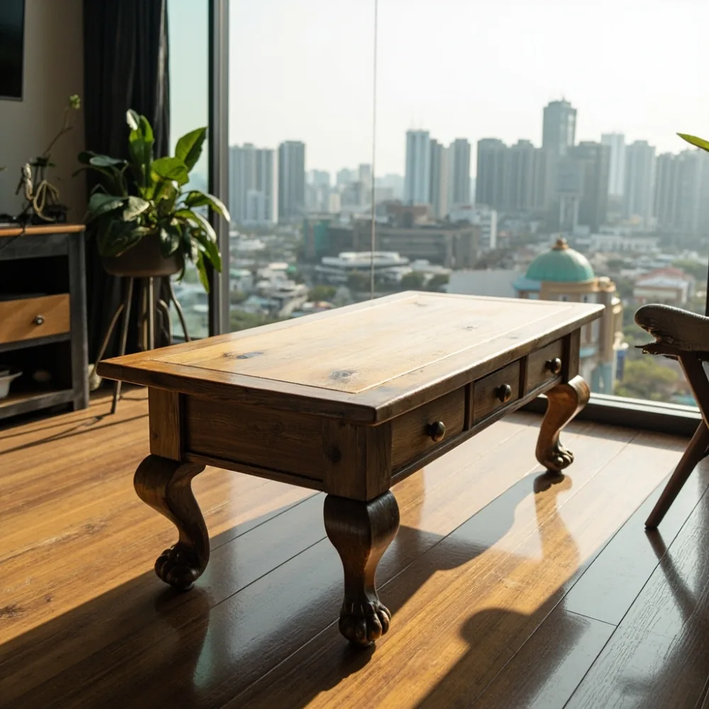 Coffee table oak gaya Amerika dengan kaki claw-and-ball di balkoni kondominium Johor Bahru dengan pemandangan bandar