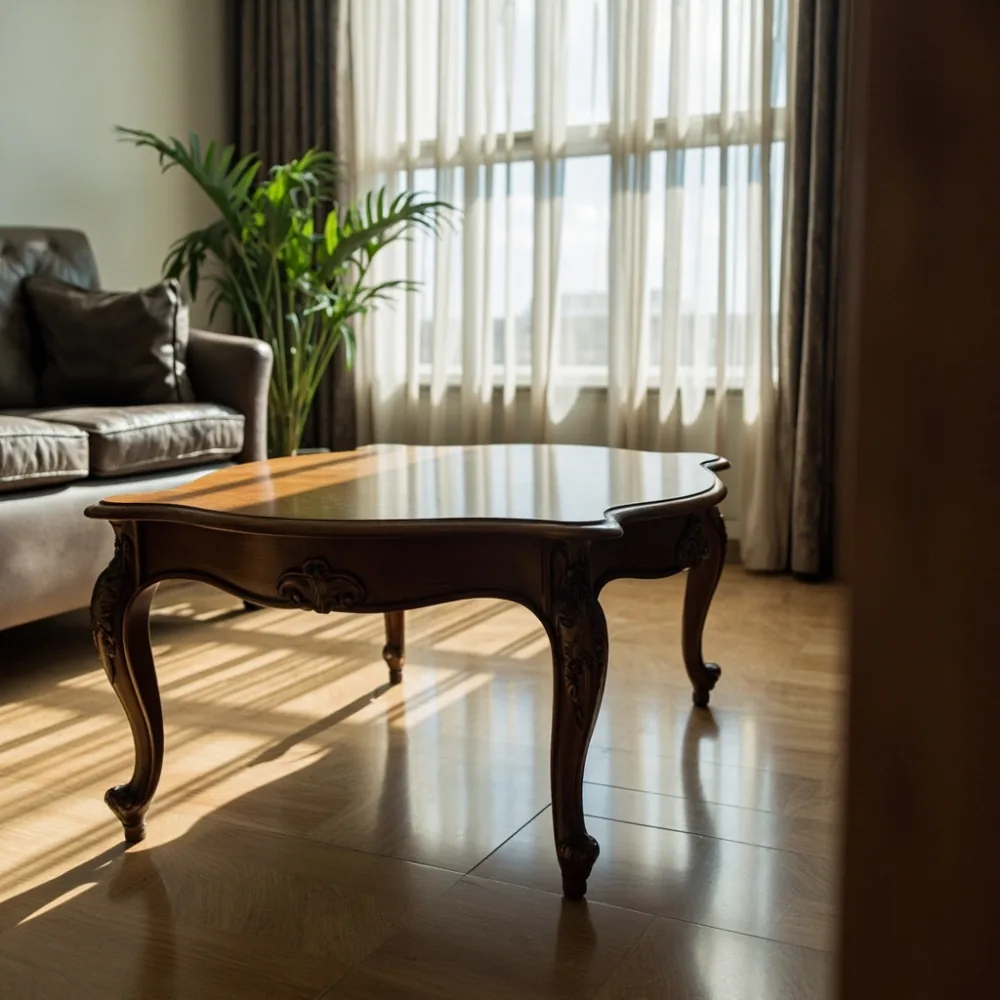 Coffee table mewah gaya Perancis walnut di ruang tamu kondominium Kuala Lumpur