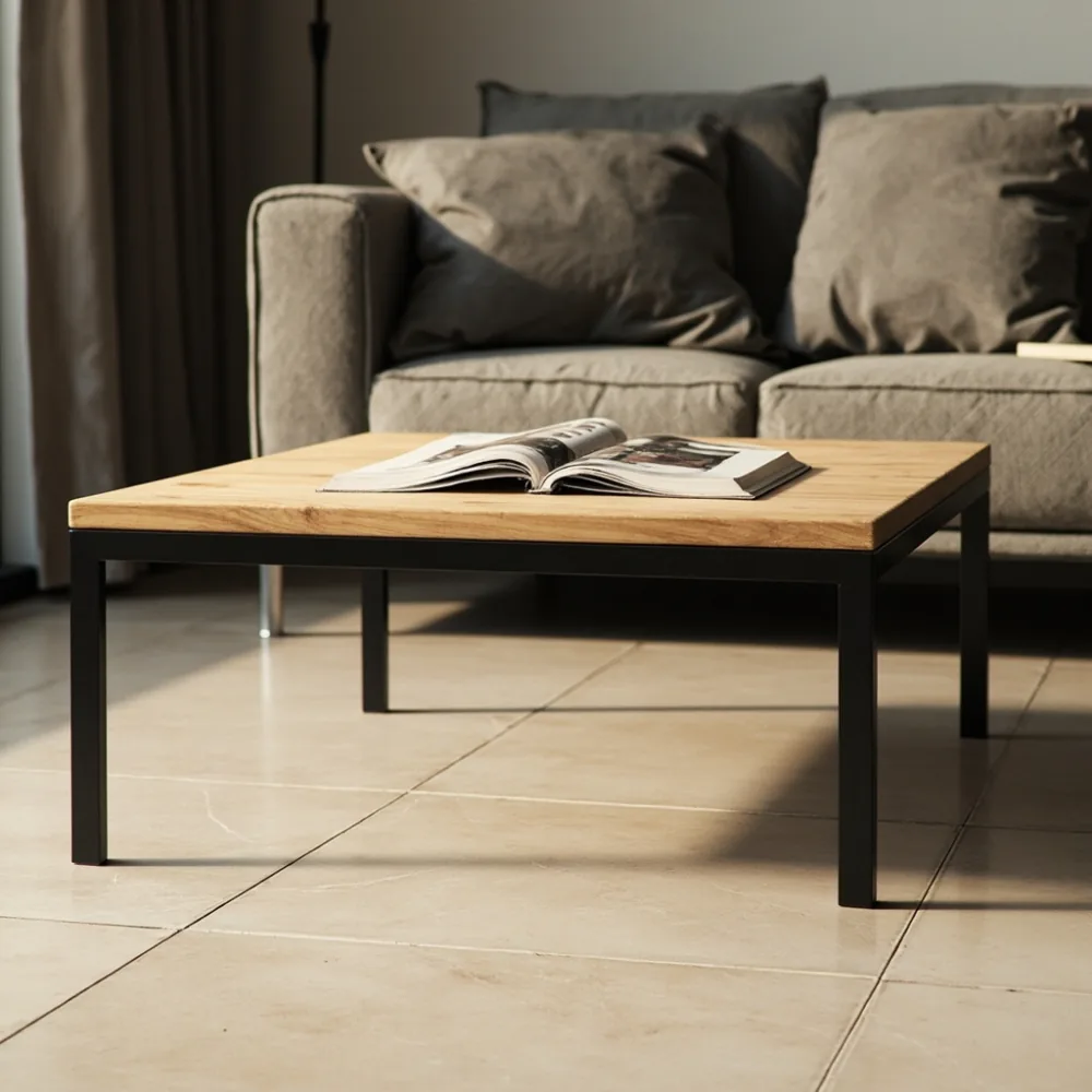 Coffee table postmoden ash dengan kaki logam hitam matte di teres Johor Bahru